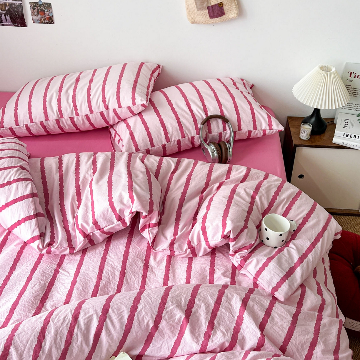 91家纺网 家纺一手货源 找家纺 （总）逸林家纺《原希尔顿逸林》 2026新款春款简约印花古法水洗棉四件套拼色床单款床笠款四件套条纹被套单品四件套