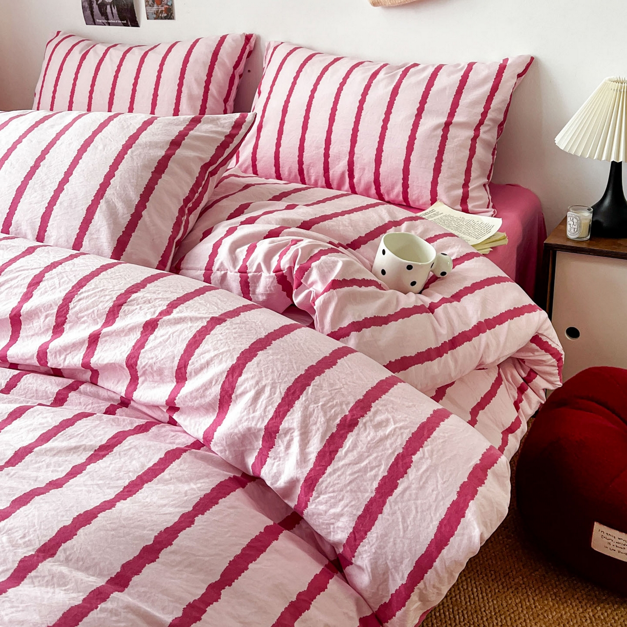 91家纺网 家纺一手货源 找家纺 （总）逸林家纺《原希尔顿逸林》 2026新款春款简约印花古法水洗棉四件套拼色床单款床笠款四件套条纹被套单品四件套