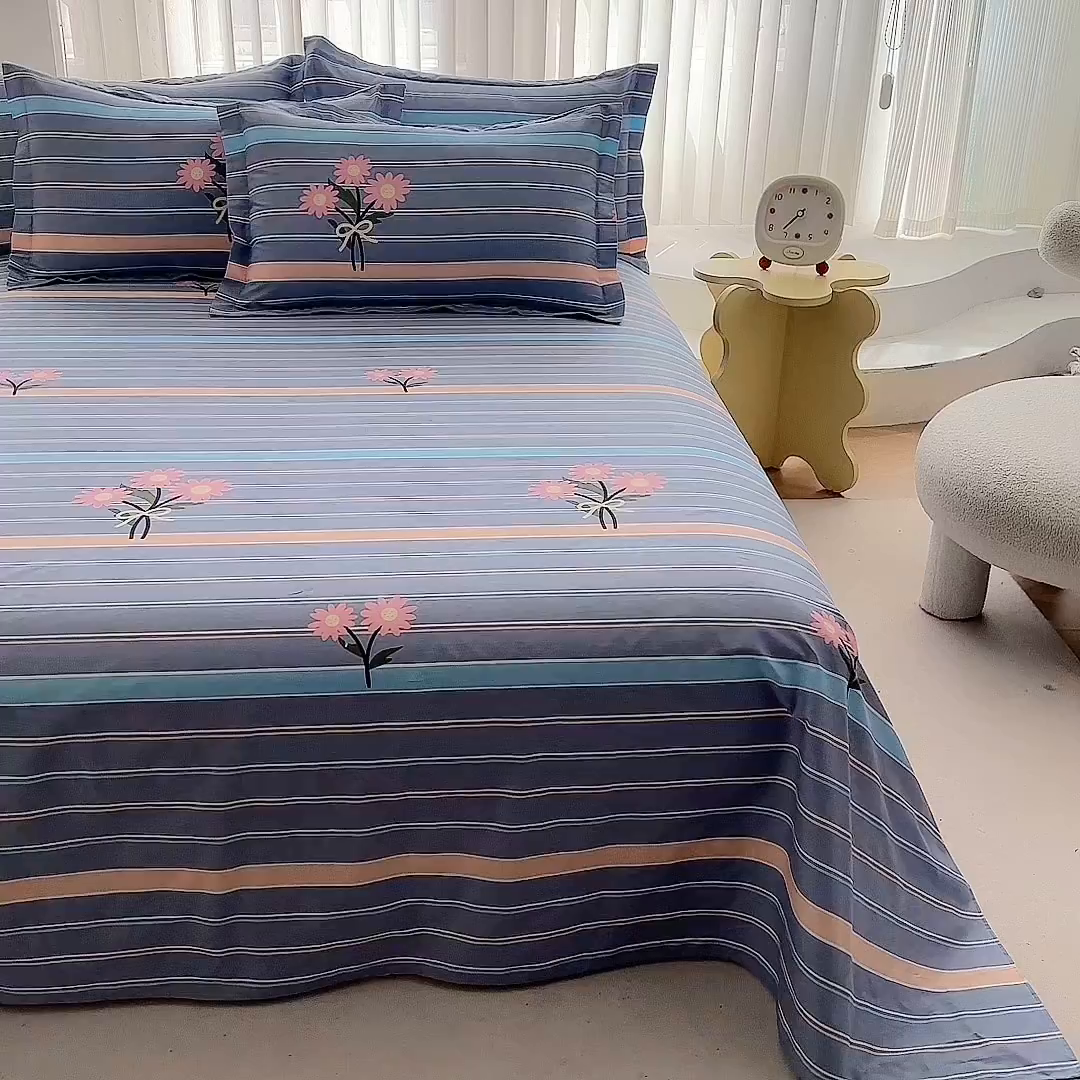 91家纺网 家纺一手货源 找家纺 优家居工厂店 2026新款13360纯棉床单单件印花全棉加厚大学生宿舍三件套 岁月花恋-灰