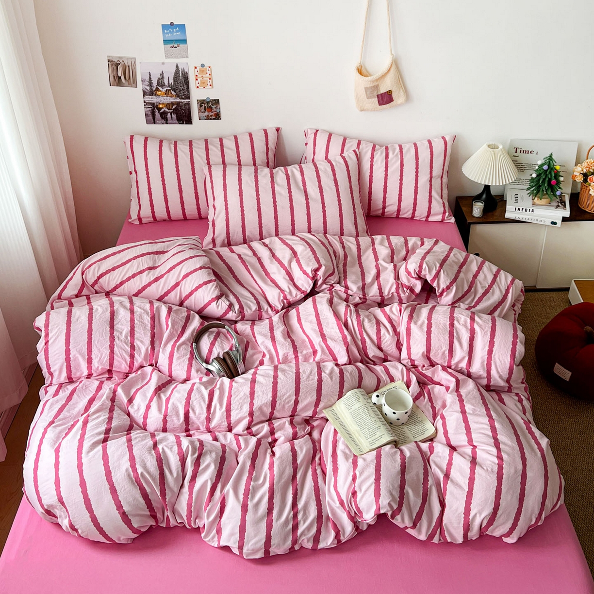 91家纺网 家纺一手货源 找家纺 逸林家纺《原希尔顿逸林》 2026新款春款简约印花古法水洗棉四件套拼色床单款床笠款四件套条纹被套单品四件套 墨染-粉