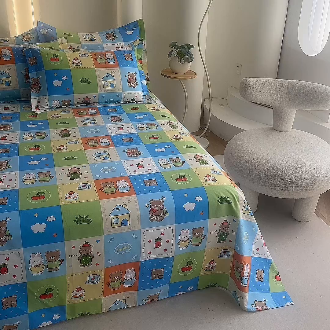 91家纺网 家纺一手货源 找家纺 优家居工厂店 2026新款13360纯棉床单单件印花全棉加厚大学生宿舍三件套 甜甜日子