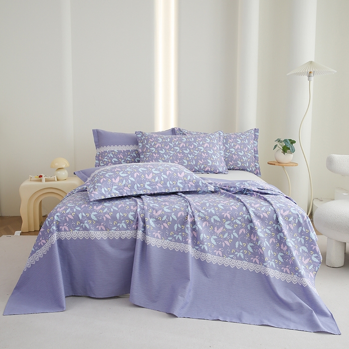 91家纺网 家纺一手货源 找家纺 优家居工厂店 2026新款13360纯棉床单单件印花全棉加厚大学生宿舍三件套 小叶雨-兰