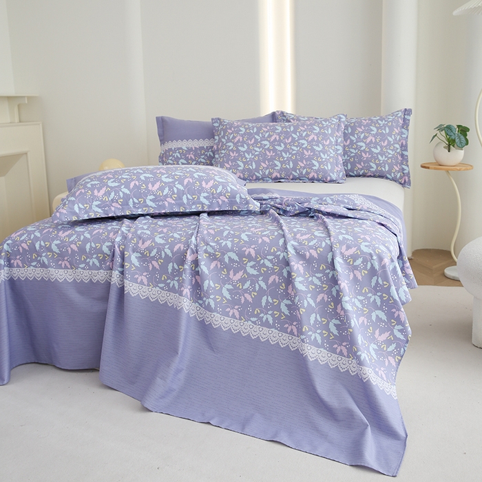 91家纺网 家纺一手货源 找家纺 优家居工厂店 2026新款13360纯棉床单单件印花全棉加厚大学生宿舍三件套 小叶雨-兰