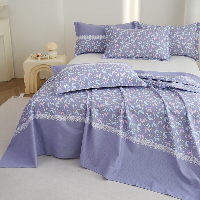 91家纺网 家纺一手货源 找家纺 优家居工厂店 2026新款13360纯棉床单单件印花全棉加厚大学生宿舍三件套 小叶雨-兰