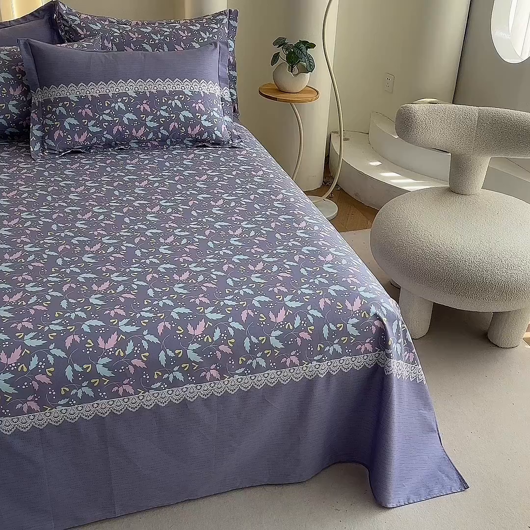 91家纺网 家纺一手货源 找家纺 优家居工厂店 2026新款13360纯棉床单单件印花全棉加厚大学生宿舍三件套 小叶雨-兰