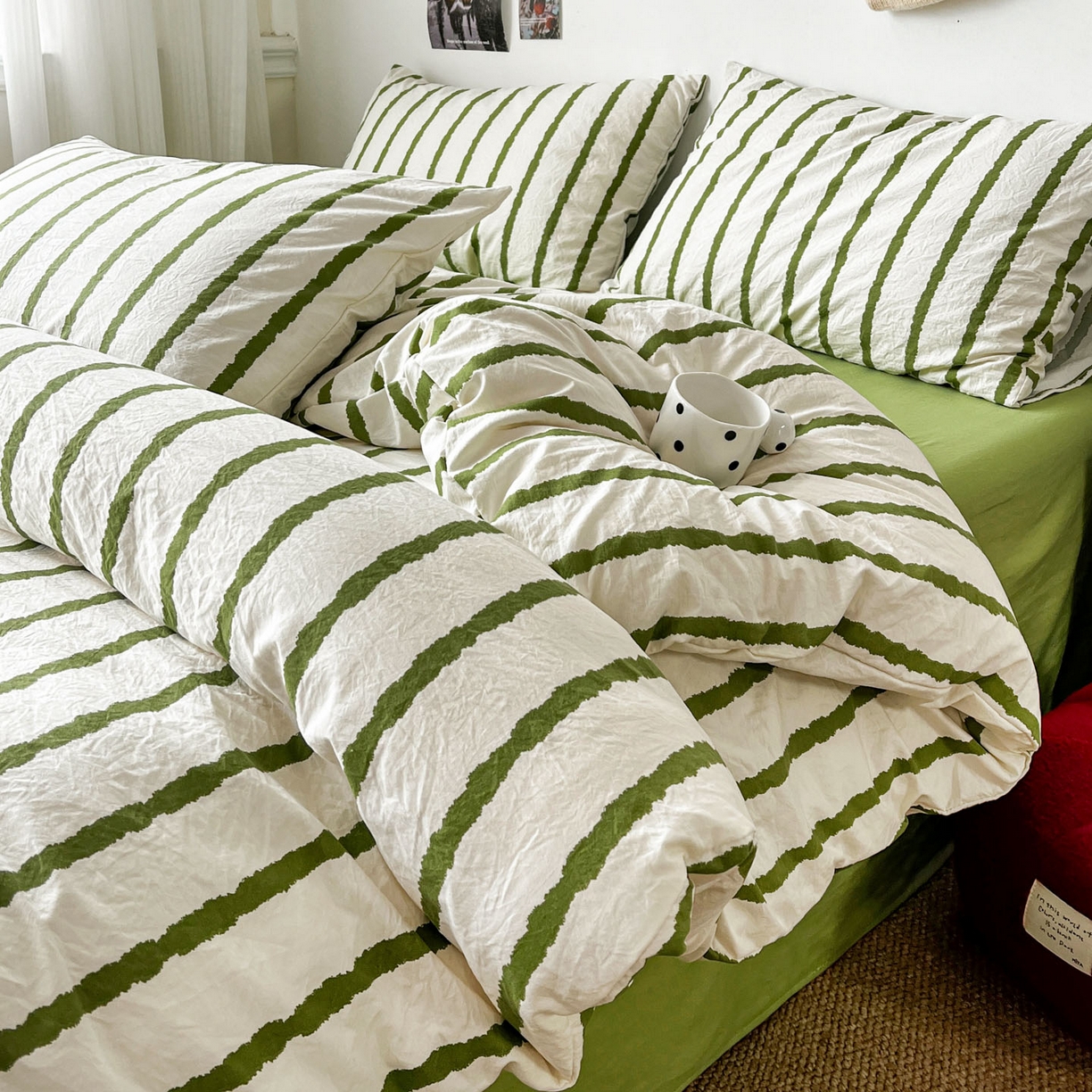 逸林家纺《原希尔顿逸林》 2026新款春款简约印花古法水洗棉四件套拼色床单款床笠款四件套条纹被套单品四件套 墨染-绿