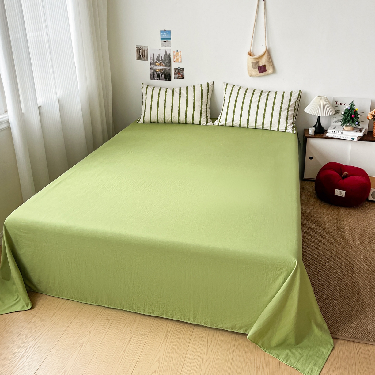 91家纺网 家纺一手货源 找家纺 逸林家纺《原希尔顿逸林》 2026新款春款简约印花古法水洗棉四件套拼色床单款床笠款四件套条纹被套单品四件套 墨染-绿