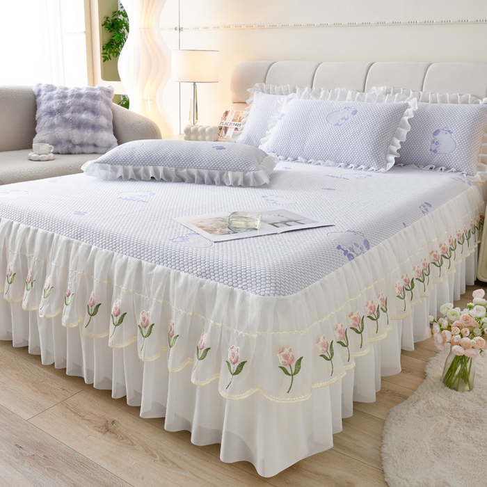 91家纺网 家纺一手货源 找家纺 优家居工厂店 A类2026夏季冰丝席裙款豆豆凉席三件套刺绣花边蕾丝花边床裙可机洗水洗 盛夏-卡皮