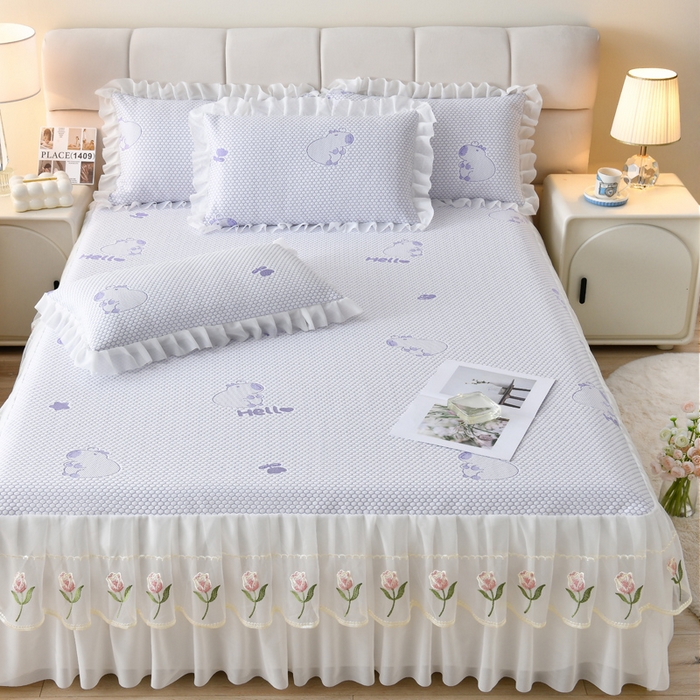 91家纺网 家纺一手货源 找家纺 优家居工厂店 A类2026夏季冰丝席裙款豆豆凉席三件套刺绣花边蕾丝花边床裙可机洗水洗 盛夏-卡皮