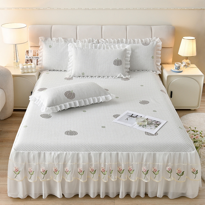 91家纺网 家纺一手货源 找家纺 优家居工厂店 A类2026夏季冰丝席裙款豆豆凉席三件套刺绣花边蕾丝花边床裙可机洗水洗 盛夏-南瓜黄