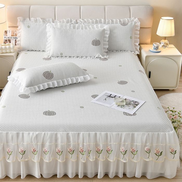 91家纺网 家纺一手货源 找家纺 优家居工厂店 A类2026夏季冰丝席裙款豆豆凉席三件套刺绣花边蕾丝花边床裙可机洗水洗 盛夏-南瓜黄