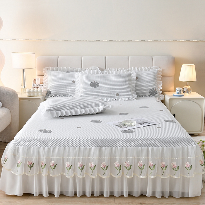 91家纺网 家纺一手货源 找家纺 优家居工厂店 A类2026夏季冰丝席裙款豆豆凉席三件套刺绣花边蕾丝花边床裙可机洗水洗 盛夏-南瓜青