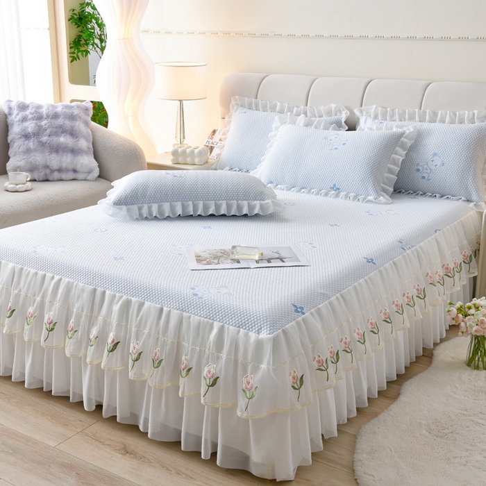 优家居工厂店 A类2026夏季冰丝席裙款豆豆凉席三件套刺绣花边蕾丝花边床裙可机洗水洗 盛夏-小熊