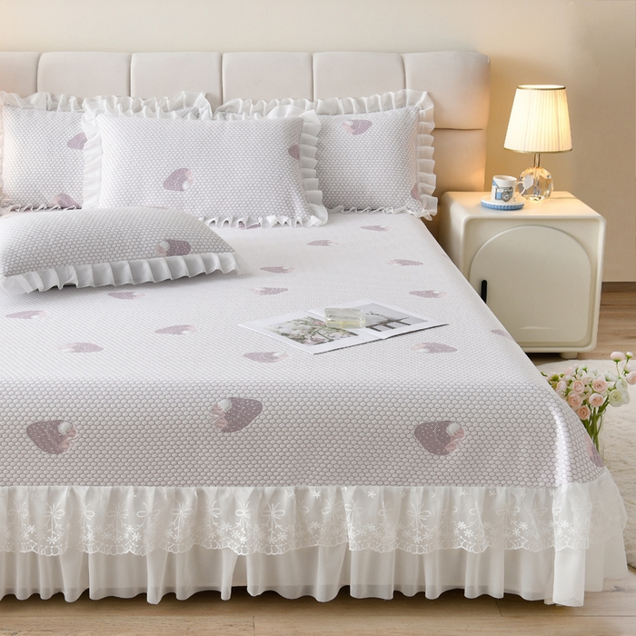 91家纺网 家纺一手货源 找家纺 （总）优家居工厂店 A类2026新款凉感豆豆提花凉席床裙款床盖三件套高档蕾丝花边可机洗水洗