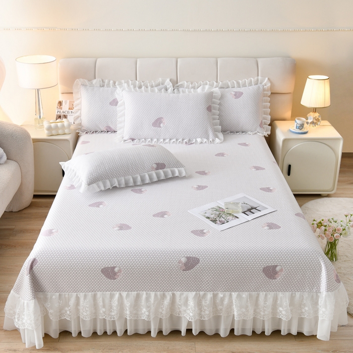 91家纺网 家纺一手货源 找家纺 （总）优家居工厂店 A类2026新款凉感豆豆提花凉席床裙款床盖三件套高档蕾丝花边可机洗水洗