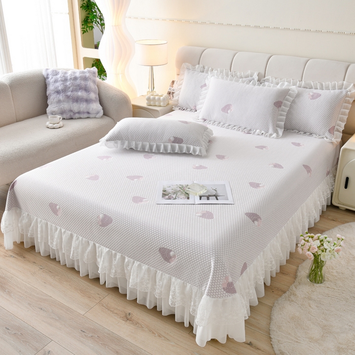 91家纺网 家纺一手货源 找家纺 （总）优家居工厂店 A类2026新款凉感豆豆提花凉席床裙款床盖三件套高档蕾丝花边可机洗水洗