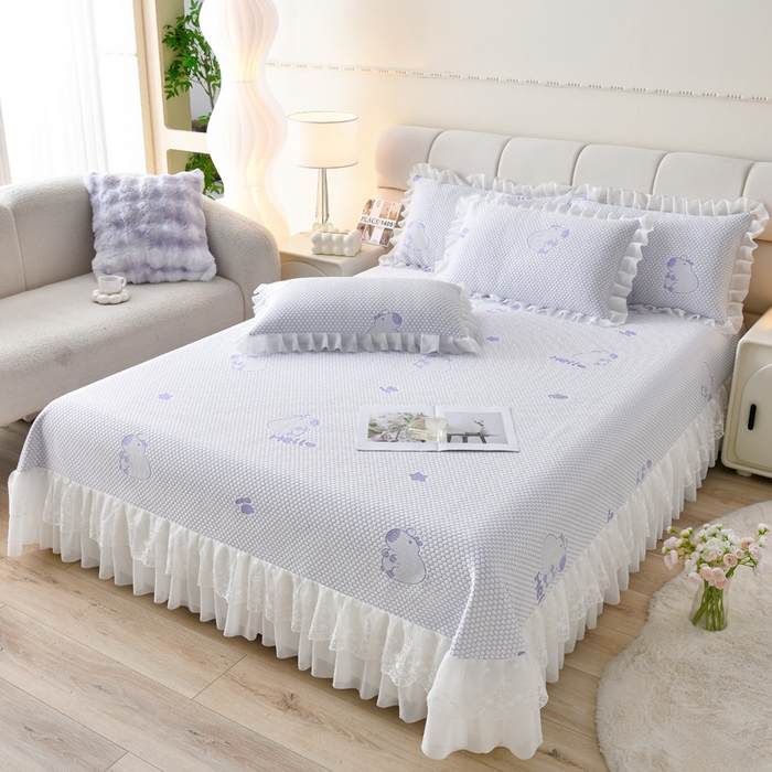 优家居工厂店 A类2026新款凉感豆豆提花凉席床裙款床盖三件套高档蕾丝花边可机洗水洗 盛夏-卡皮