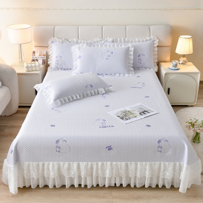 91家纺网 家纺一手货源 找家纺 优家居工厂店 A类2026新款凉感豆豆提花凉席床裙款床盖三件套高档蕾丝花边可机洗水洗 盛夏-卡皮