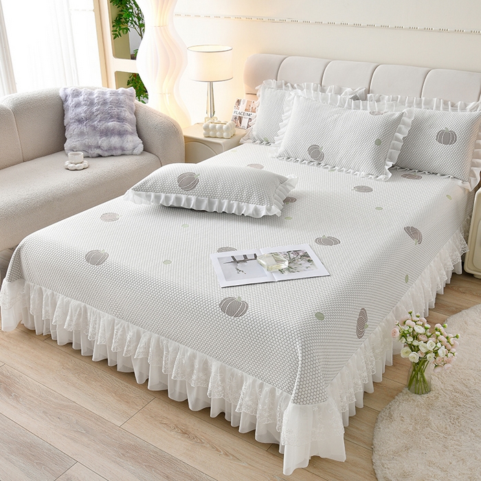 优家居工厂店 A类2026新款凉感豆豆提花凉席床裙款床盖三件套高档蕾丝花边可机洗水洗 盛夏-南瓜黄