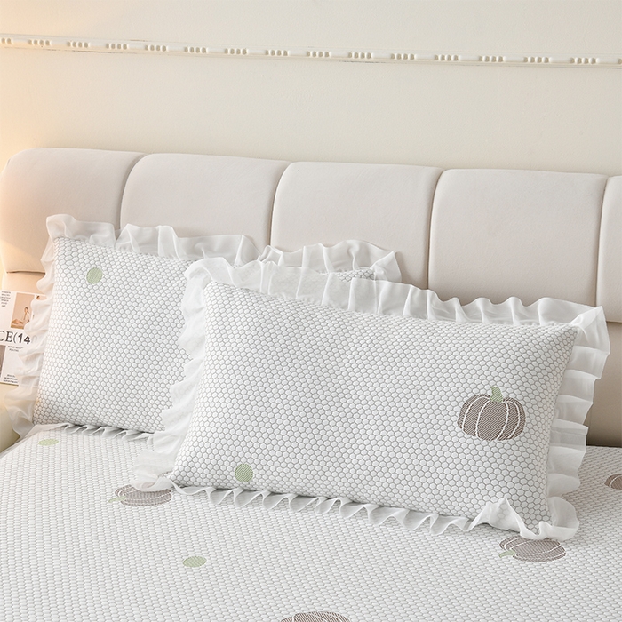 91家纺网 家纺一手货源 找家纺 优家居工厂店 A类2026新款凉感豆豆提花凉席床裙款床盖三件套高档蕾丝花边可机洗水洗 盛夏-南瓜黄