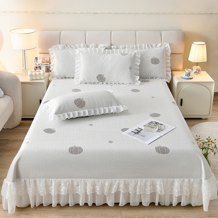 91家纺网 家纺一手货源 找家纺 优家居工厂店 A类2026新款凉感豆豆提花凉席床裙款床盖三件套高档蕾丝花边可机洗水洗 盛夏-南瓜黄