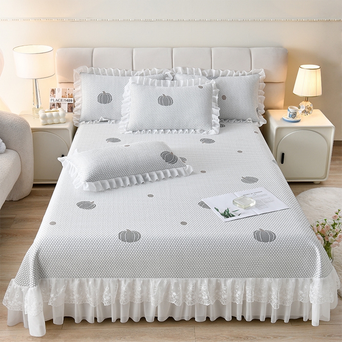 91家纺网 家纺一手货源 找家纺 优家居工厂店 A类2026新款凉感豆豆提花凉席床裙款床盖三件套高档蕾丝花边可机洗水洗 盛夏-南瓜青