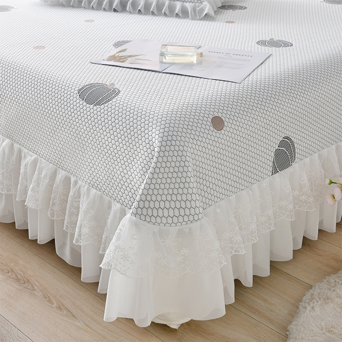 91家纺网 家纺一手货源 找家纺 优家居工厂店 A类2026新款凉感豆豆提花凉席床裙款床盖三件套高档蕾丝花边可机洗水洗 盛夏-南瓜青