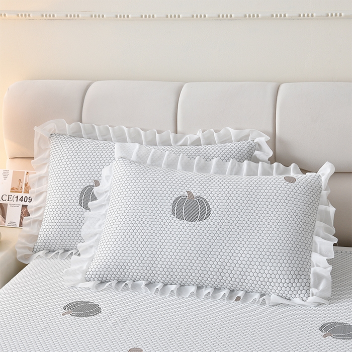 91家纺网 家纺一手货源 找家纺 优家居工厂店 A类2026新款凉感豆豆提花凉席床裙款床盖三件套高档蕾丝花边可机洗水洗 盛夏-南瓜青