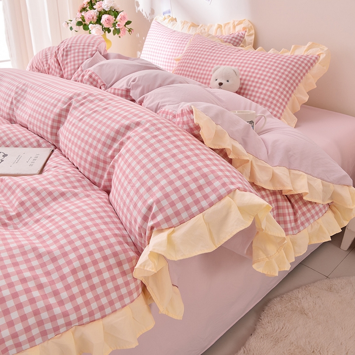 91家纺网 家纺一手货源 找家纺 （总）优家居工厂店 2026新款A类超柔舒适水洗棉韩式花边四件套小清新格子纯色学生三件套