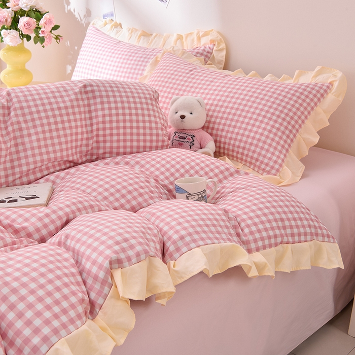 91家纺网 家纺一手货源 找家纺 （总）优家居工厂店 2026新款A类超柔舒适水洗棉韩式花边四件套小清新格子纯色学生三件套