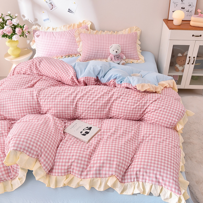 91家纺网 家纺一手货源 找家纺 （总）优家居工厂店 2026新款A类超柔舒适水洗棉韩式花边四件套小清新格子纯色学生三件套