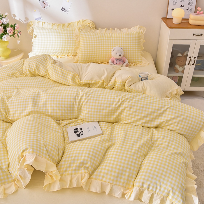 91家纺网 家纺一手货源 找家纺 （总）优家居工厂店 2026新款A类超柔舒适水洗棉韩式花边四件套小清新格子纯色学生三件套