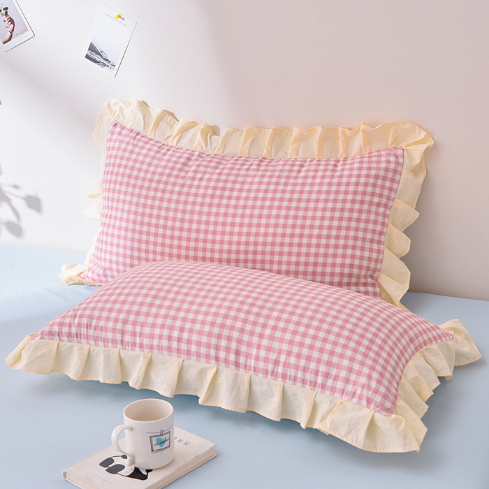 91家纺网 家纺一手货源 找家纺 优家居工厂店 2026新款A类超柔舒适水洗棉韩式花边四件套小清新格子纯色学生三件套 奶油-粉蓝