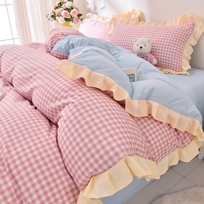 91家纺网 家纺一手货源 找家纺 优家居工厂店 2026新款A类超柔舒适水洗棉韩式花边四件套小清新格子纯色学生三件套 奶油-粉蓝