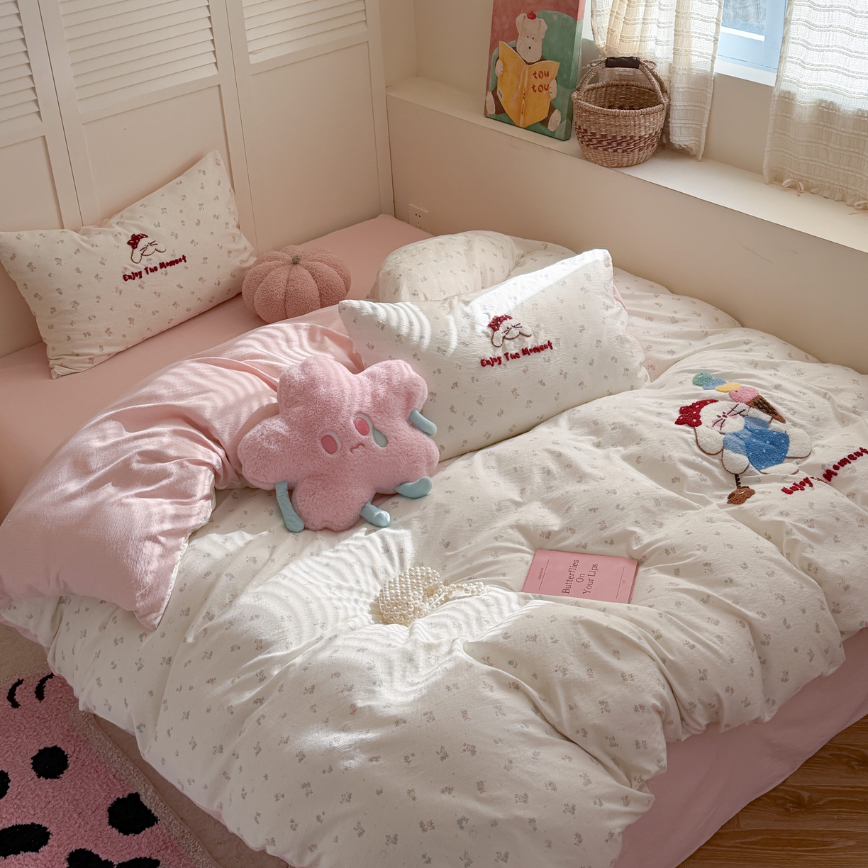 91家纺网 家纺一手货源 找家纺 美乐迪家纺 2026新款云感双层纱毛巾绣四件套（会员-2） 冰淇淋小兔