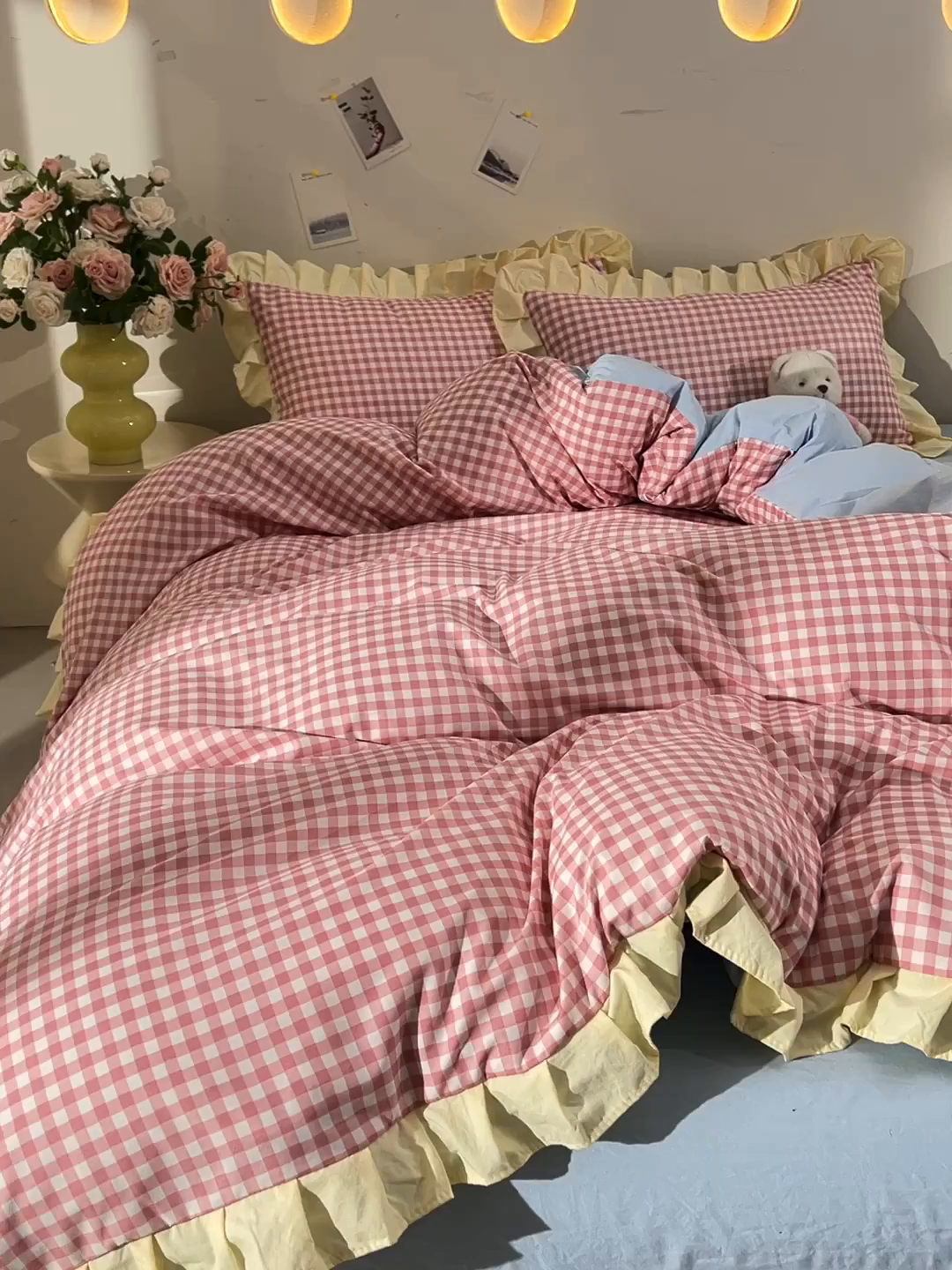 91家纺网 家纺一手货源 找家纺 优家居工厂店 2026新款A类超柔舒适水洗棉韩式花边四件套小清新格子纯色学生三件套 奶油-粉蓝