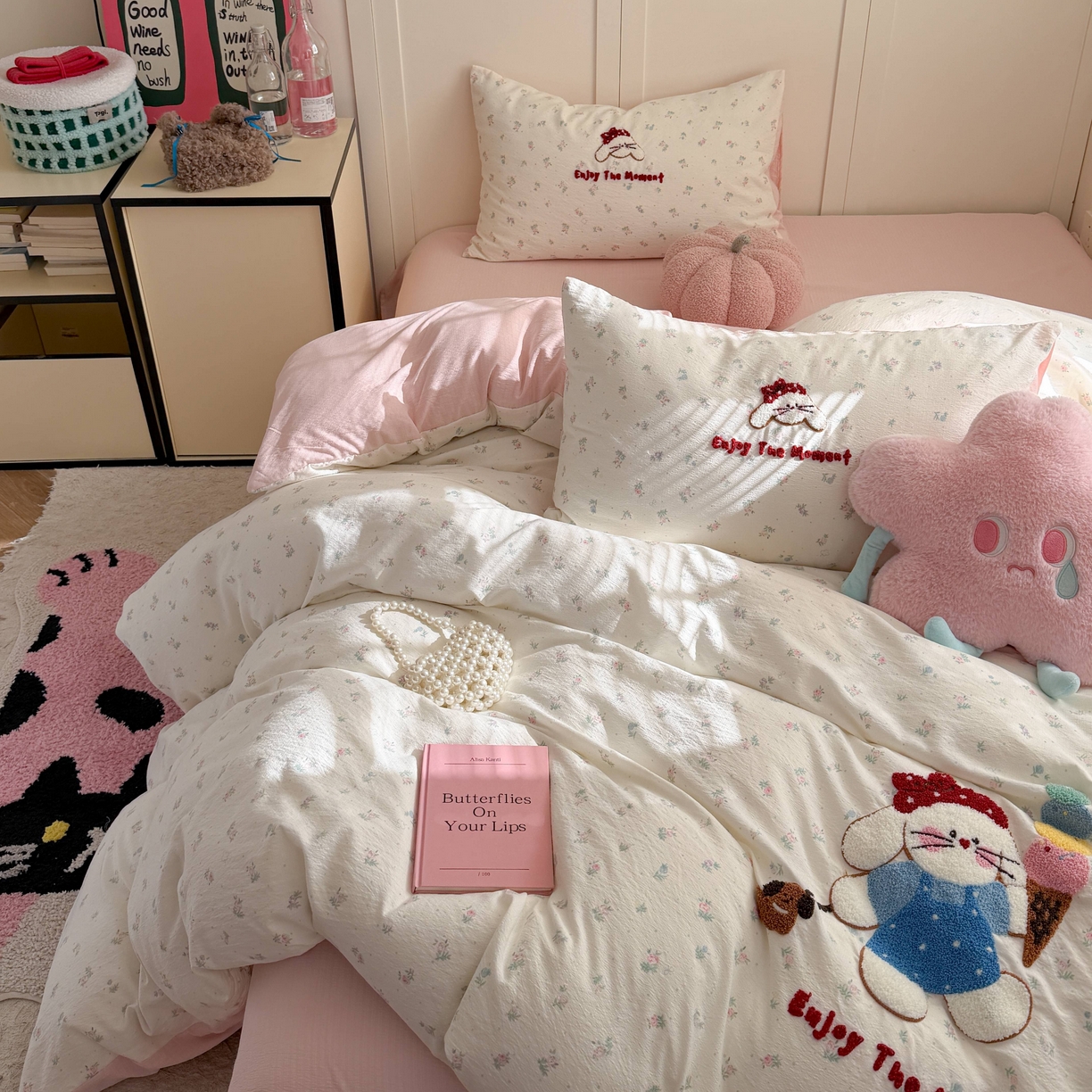 91家纺网 家纺一手货源 找家纺 美乐迪家纺 2026新款云感双层纱毛巾绣四件套（会员-2） 冰淇淋小兔