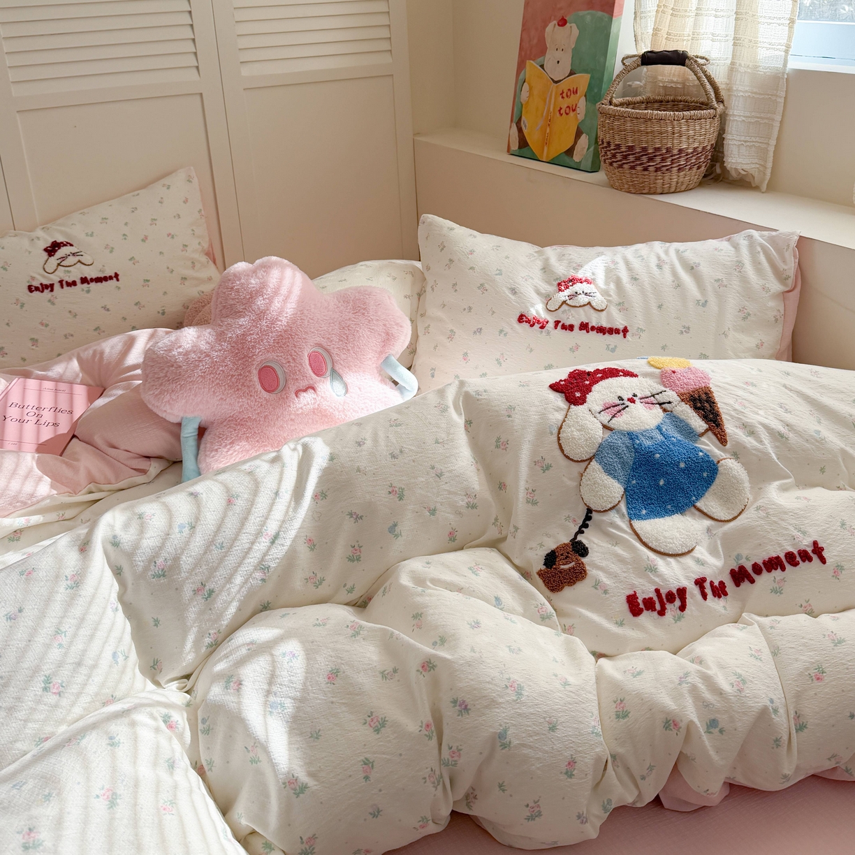 91家纺网 家纺一手货源 找家纺 美乐迪家纺 2026新款云感双层纱毛巾绣四件套（会员-2） 冰淇淋小兔