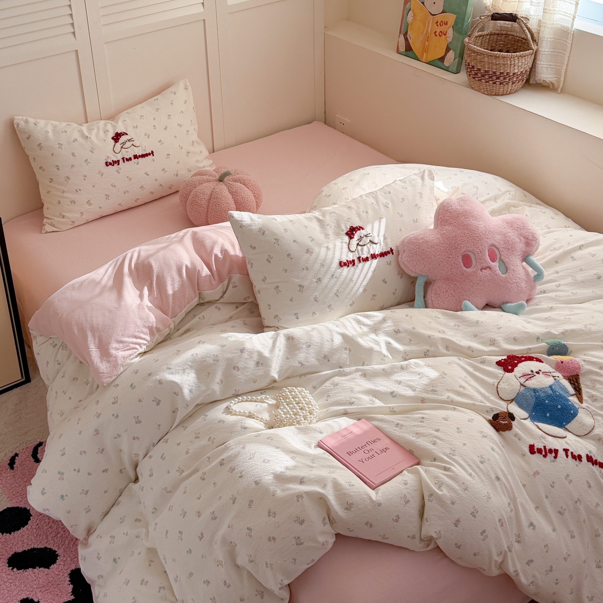 91家纺网 家纺一手货源 找家纺 美乐迪家纺 2026新款云感双层纱毛巾绣四件套（会员-2） 冰淇淋小兔