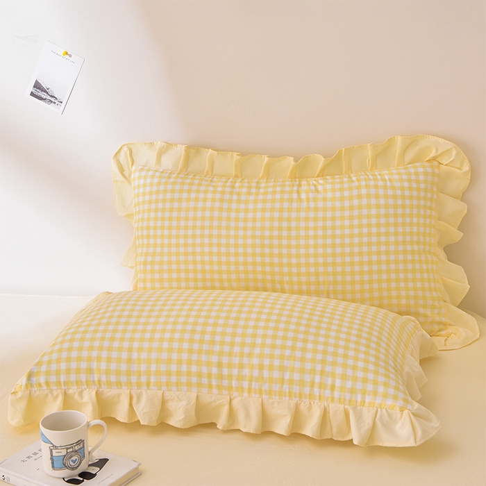 91家纺网 家纺一手货源 找家纺 优家居工厂店 2026新款A类超柔舒适水洗棉韩式花边四件套小清新格子纯色学生三件套 奶油-黄