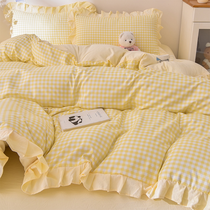 91家纺网 家纺一手货源 找家纺 优家居工厂店 2026新款A类超柔舒适水洗棉韩式花边四件套小清新格子纯色学生三件套 奶油-黄