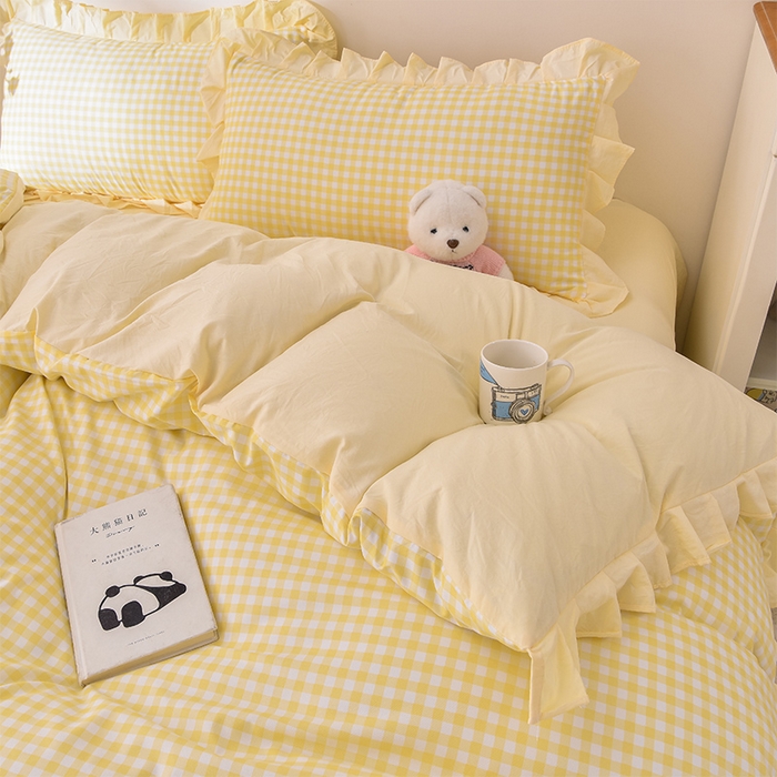 91家纺网 家纺一手货源 找家纺 优家居工厂店 2026新款A类超柔舒适水洗棉韩式花边四件套小清新格子纯色学生三件套 奶油-黄