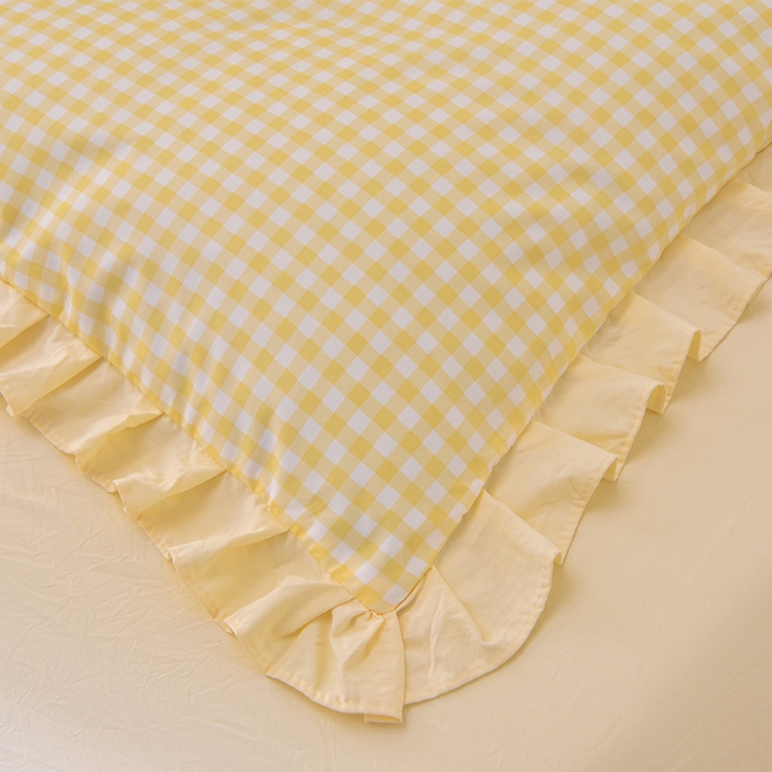 91家纺网 家纺一手货源 找家纺 优家居工厂店 2026新款A类超柔舒适水洗棉韩式花边四件套小清新格子纯色学生三件套 奶油-黄