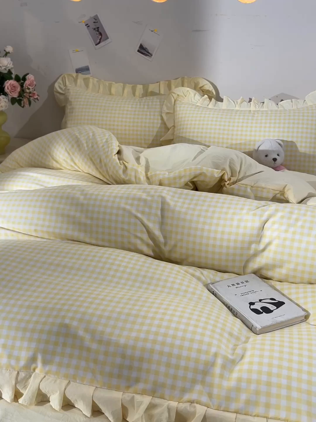 91家纺网 家纺一手货源 找家纺 优家居工厂店 2026新款A类超柔舒适水洗棉韩式花边四件套小清新格子纯色学生三件套 奶油-黄