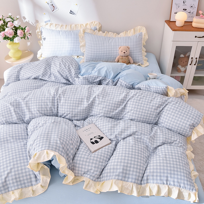 优家居工厂店 2026新款A类超柔舒适水洗棉韩式花边四件套小清新格子纯色学生三件套 奶油-蓝