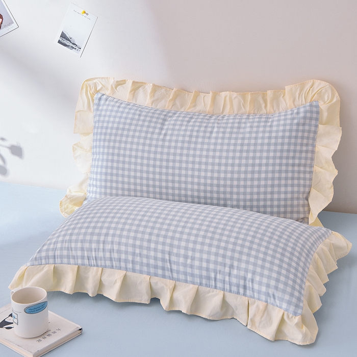 91家纺网 家纺一手货源 找家纺 优家居工厂店 2026新款A类超柔舒适水洗棉韩式花边四件套小清新格子纯色学生三件套 奶油-蓝