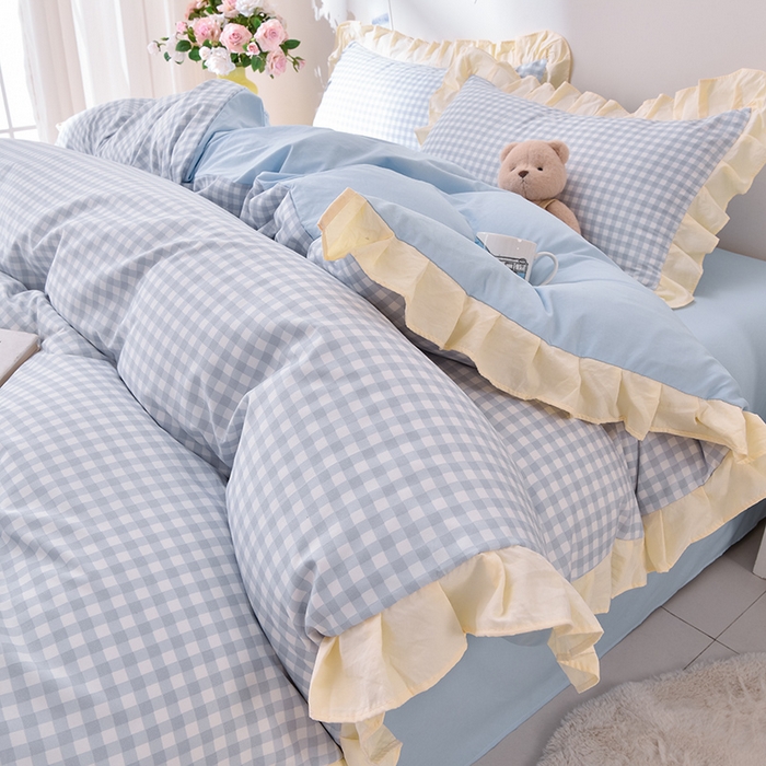 91家纺网 家纺一手货源 找家纺 优家居工厂店 2026新款A类超柔舒适水洗棉韩式花边四件套小清新格子纯色学生三件套 奶油-蓝
