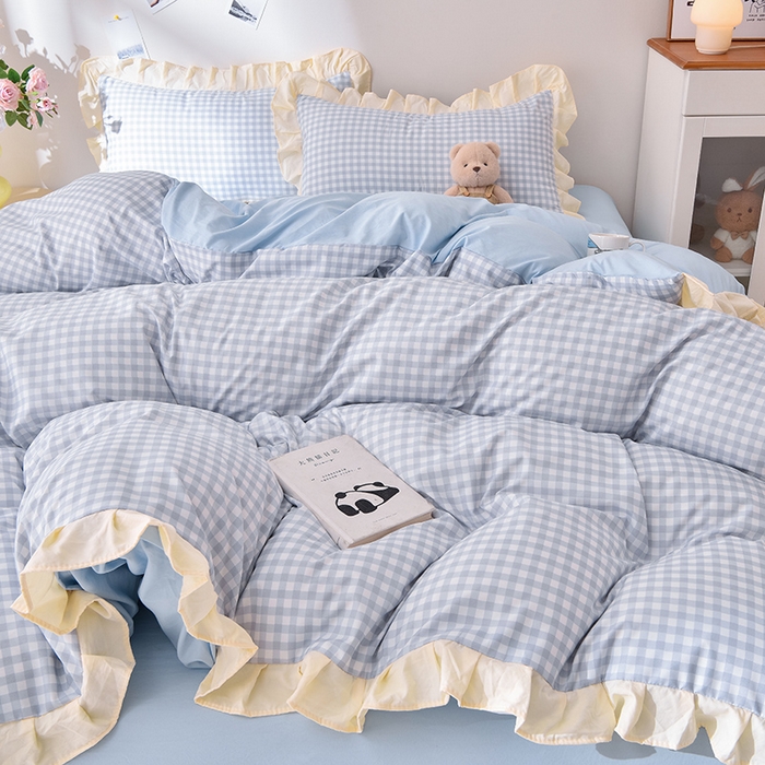 91家纺网 家纺一手货源 找家纺 优家居工厂店 2026新款A类超柔舒适水洗棉韩式花边四件套小清新格子纯色学生三件套 奶油-蓝