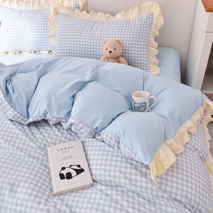 91家纺网 家纺一手货源 找家纺 优家居工厂店 2026新款A类超柔舒适水洗棉韩式花边四件套小清新格子纯色学生三件套 奶油-蓝