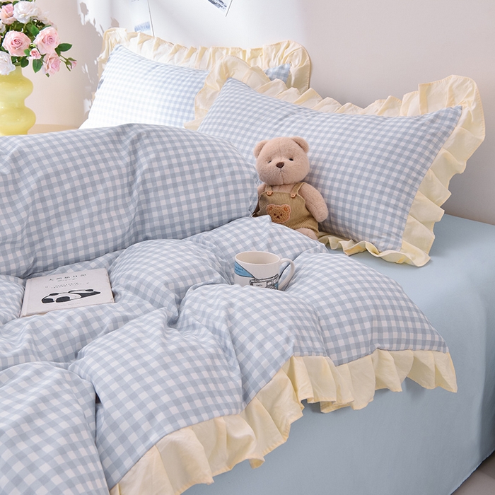 91家纺网 家纺一手货源 找家纺 优家居工厂店 2026新款A类超柔舒适水洗棉韩式花边四件套小清新格子纯色学生三件套 奶油-蓝